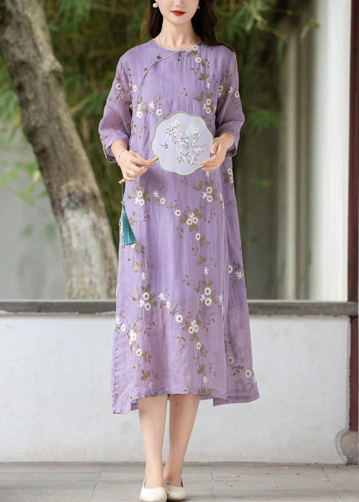 Art Purple Embroidered Button Linen Dress Summer - Image 2