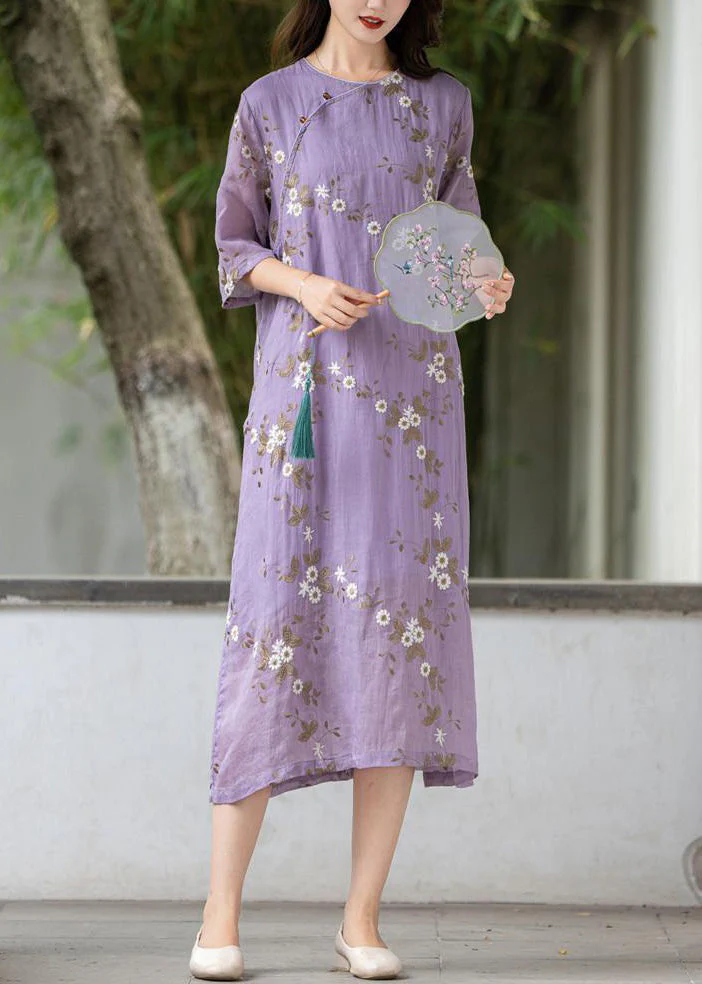 Art Purple Embroidered Button Linen Dress Summer - Image 3