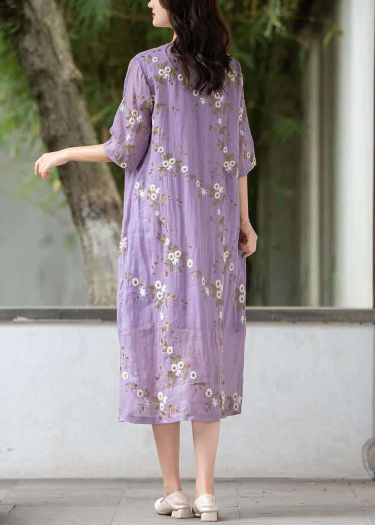 Art Purple Embroidered Button Linen Dress Summer - Image 4