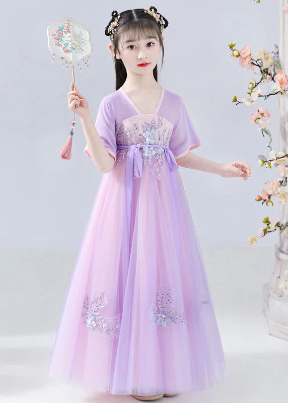 Art Purple Embroideried Tie Waist Tulle Kids Long Dresses Summer - Image 2