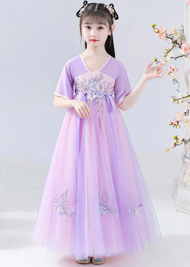 Art Purple Embroideried Tie Waist Tulle Kids Long Dresses Summer - Image 3