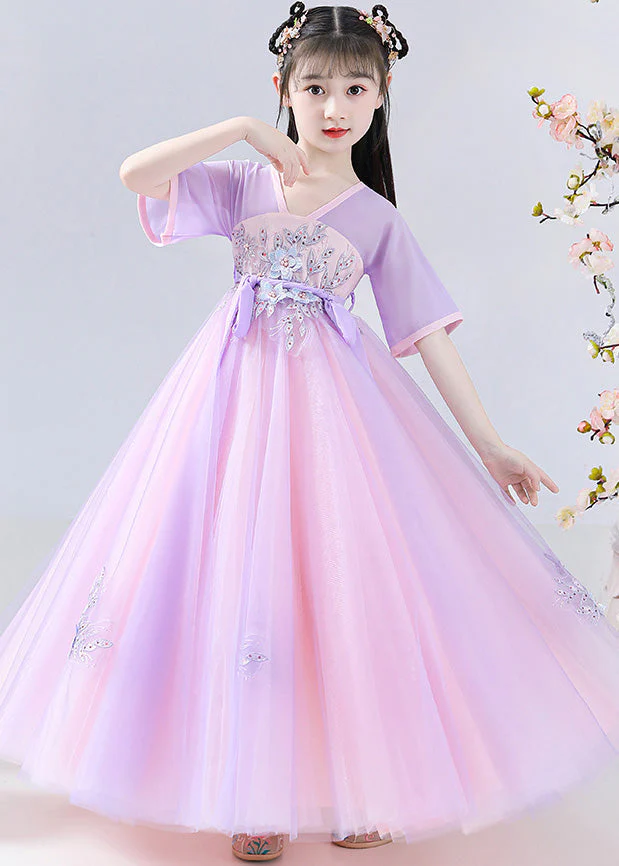 Art Purple Embroideried Tie Waist Tulle Kids Long Dresses Summer - Image 4