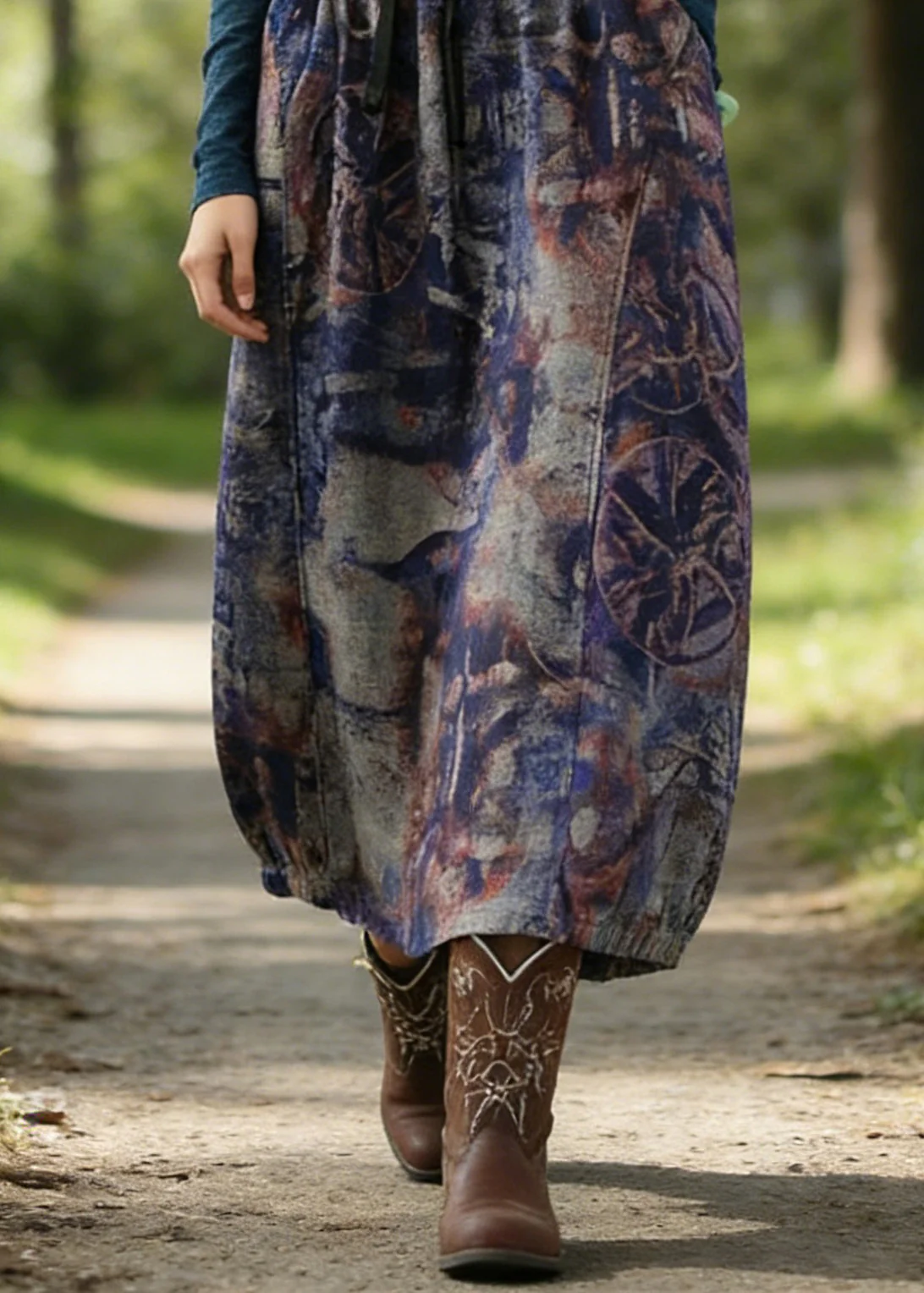 Art Purple High Waist Pockets Patchwork Print Linen Skirt Summer - Image 4