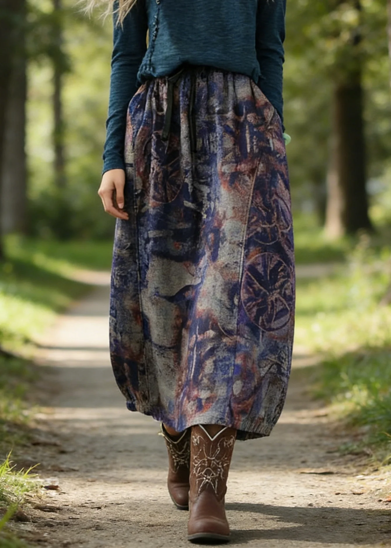 Art Purple High Waist Pockets Patchwork Print Linen Skirt Summer - Image 5