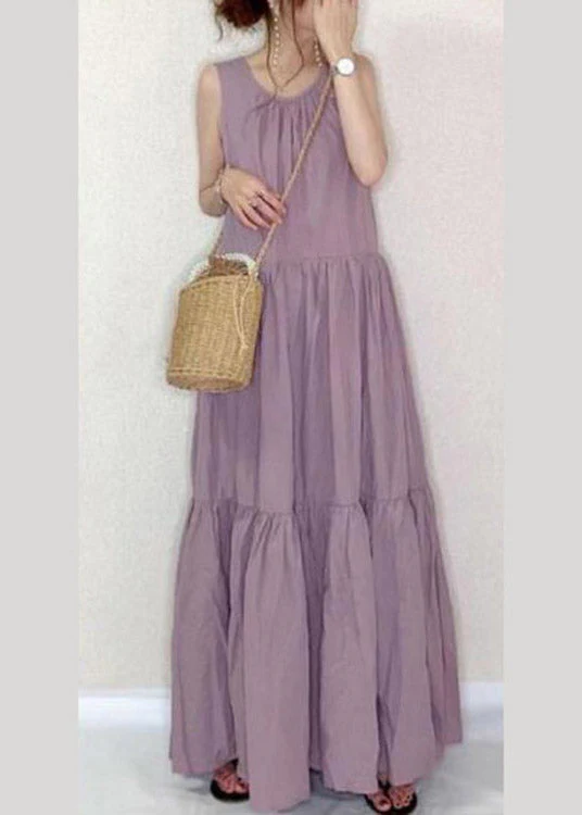 Art Purple O-Neck Patchwork Wrinkled Cotton Long Dress Summer