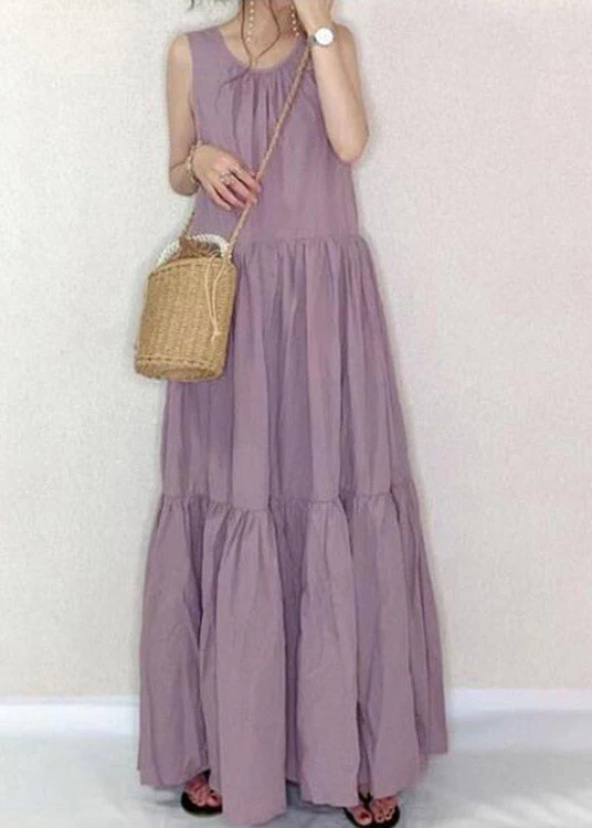 Art Purple O-Neck Patchwork Wrinkled Cotton Long Dress Summer - Image 2