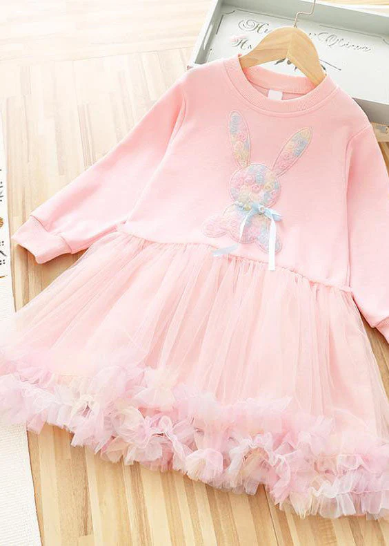 Art Purple O-Neck Rabbit Print Patchwork Tulle Kids Long Dress Fall - Image 2