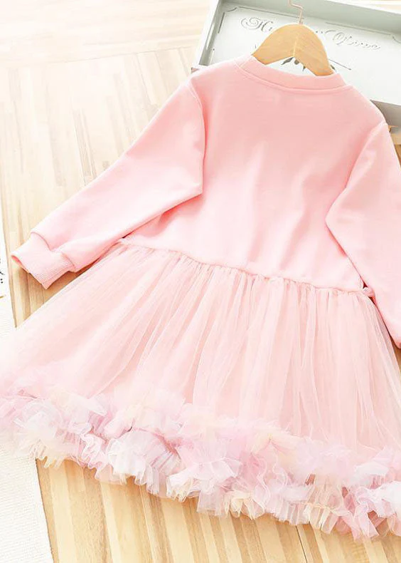 Art Purple O-Neck Rabbit Print Patchwork Tulle Kids Long Dress Fall - Image 4