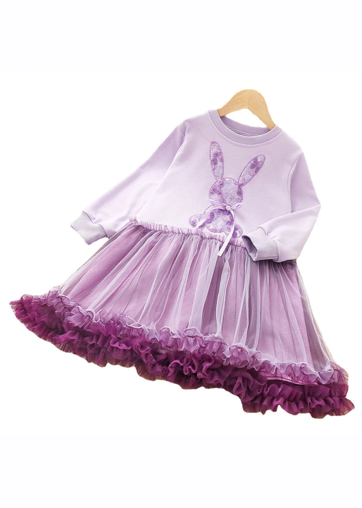 Art Purple O-Neck Rabbit Print Patchwork Tulle Kids Long Dress Fall - Image 5