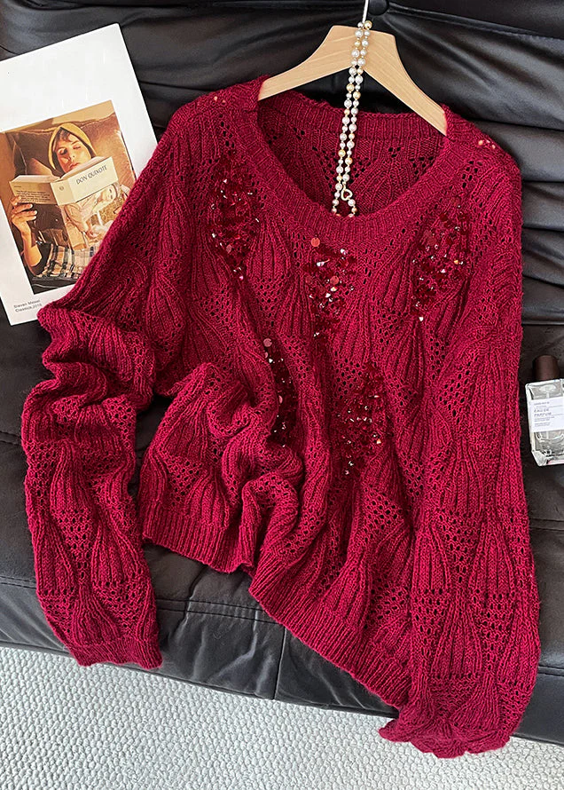 Art Purple O Neck Sequins Hollow Out Knit Sweater Tops Fall - Image 3