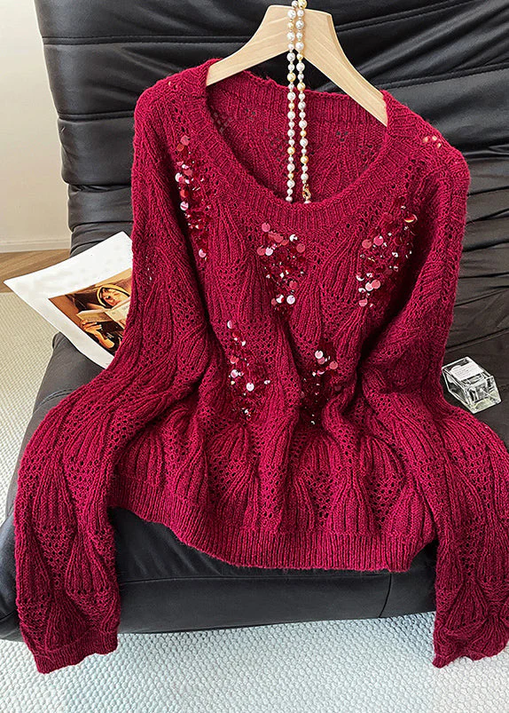 Art Purple O Neck Sequins Hollow Out Knit Sweater Tops Fall - Image 4