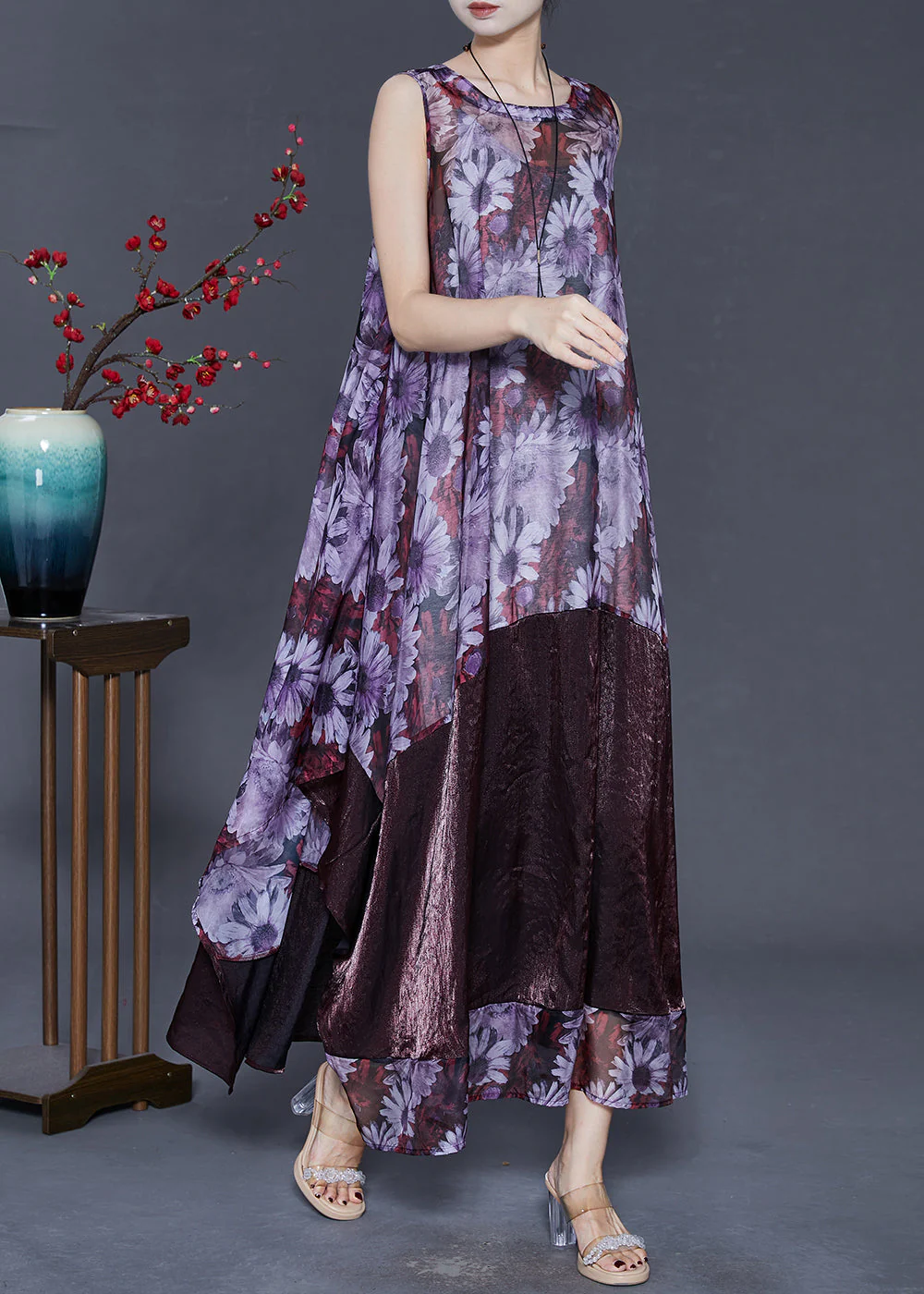 Art Purple Oversized Patchwork Print Silk Maxi Dresses Summer - Image 2