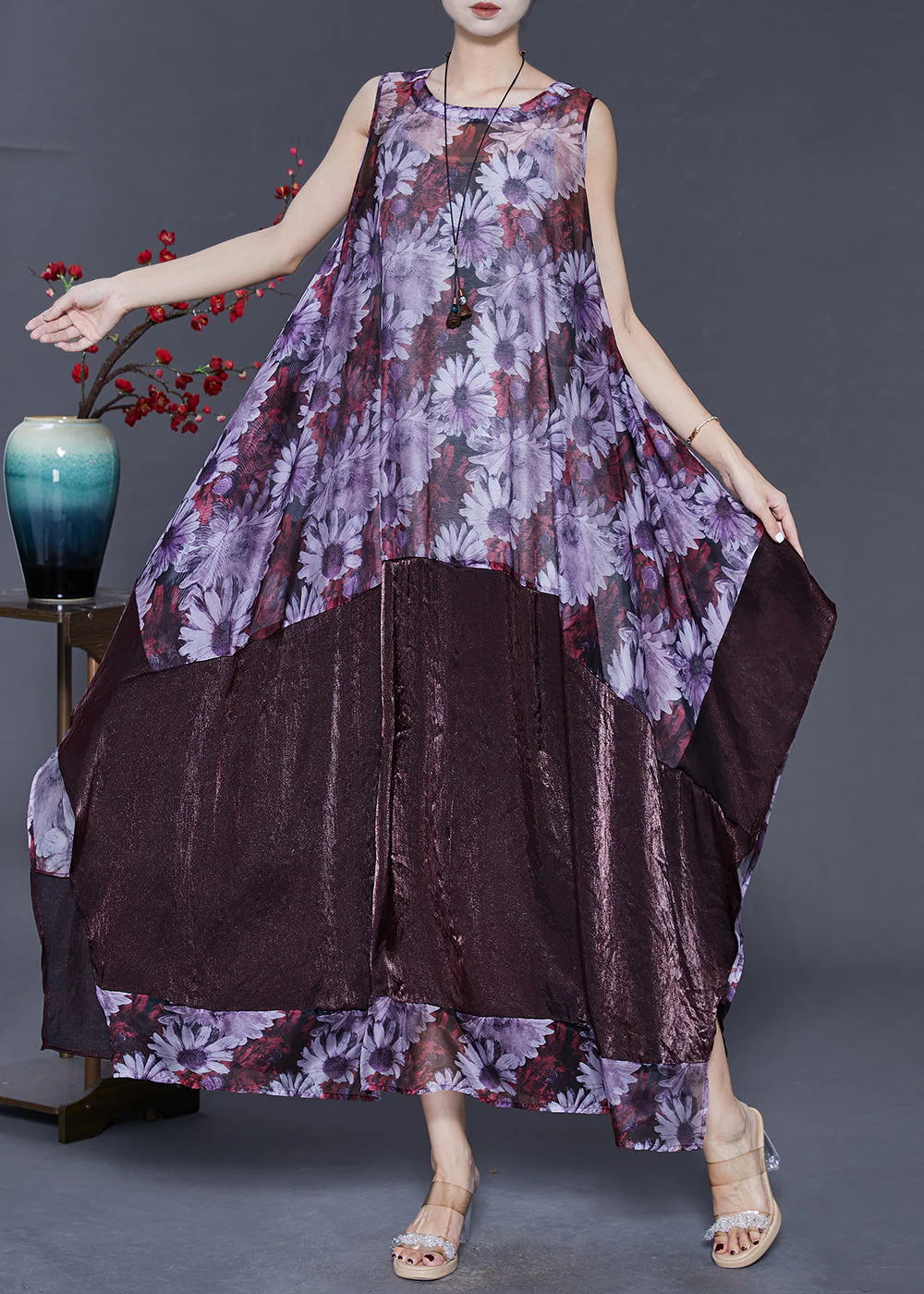 Art Purple Oversized Patchwork Print Silk Maxi Dresses Summer - Image 3