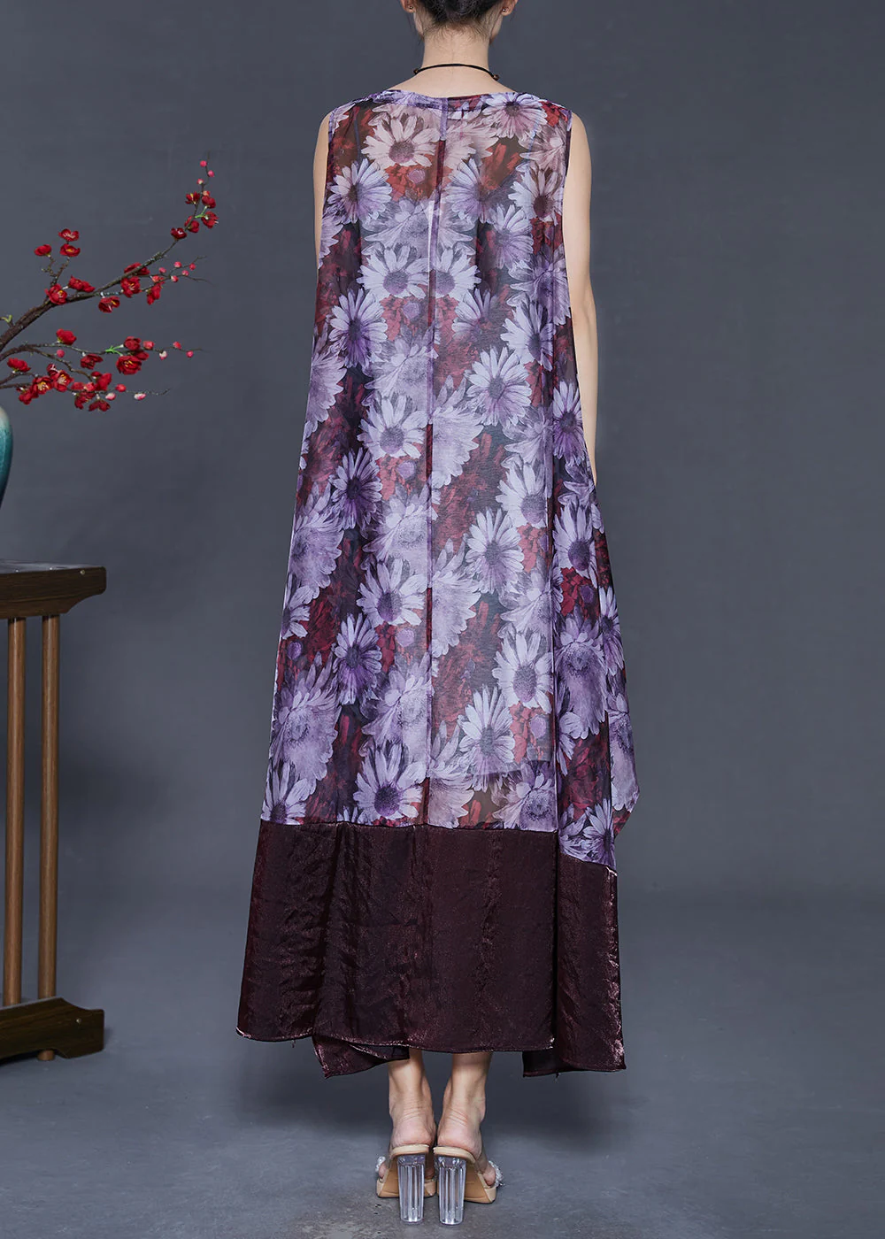 Art Purple Oversized Patchwork Print Silk Maxi Dresses Summer - Image 4