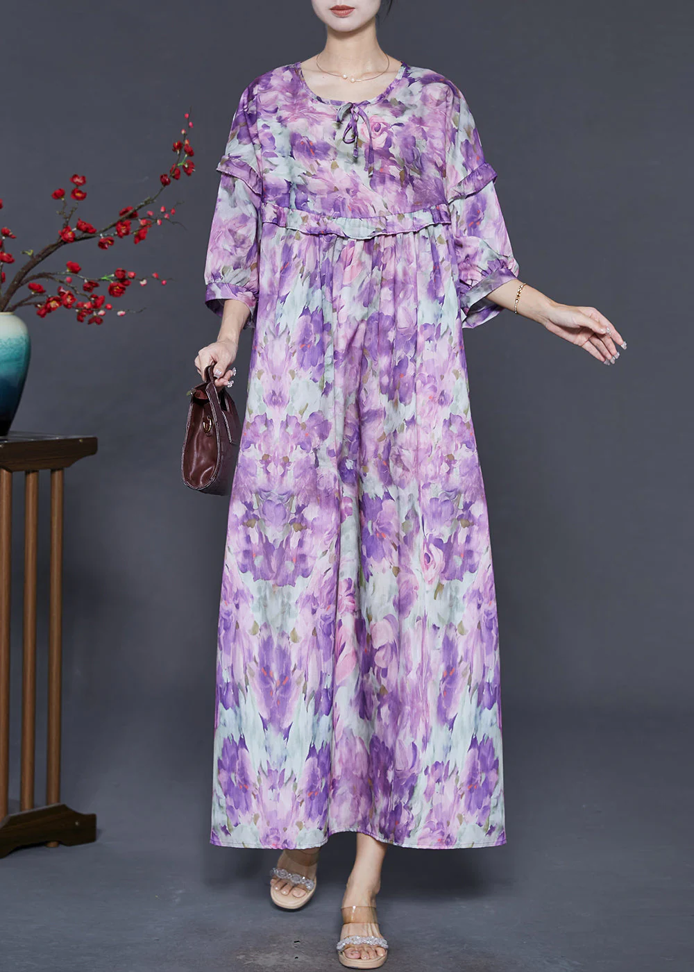 Art Purple Oversized Print Cotton Long Dress Bracelet Sleeve - Image 2