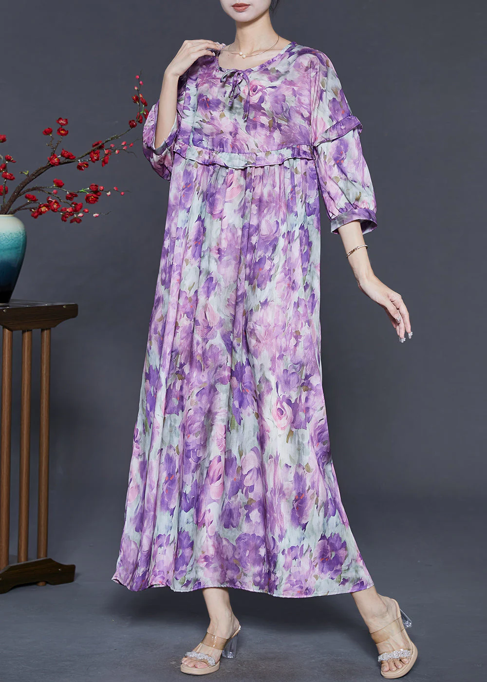 Art Purple Oversized Print Cotton Long Dress Bracelet Sleeve - Image 3
