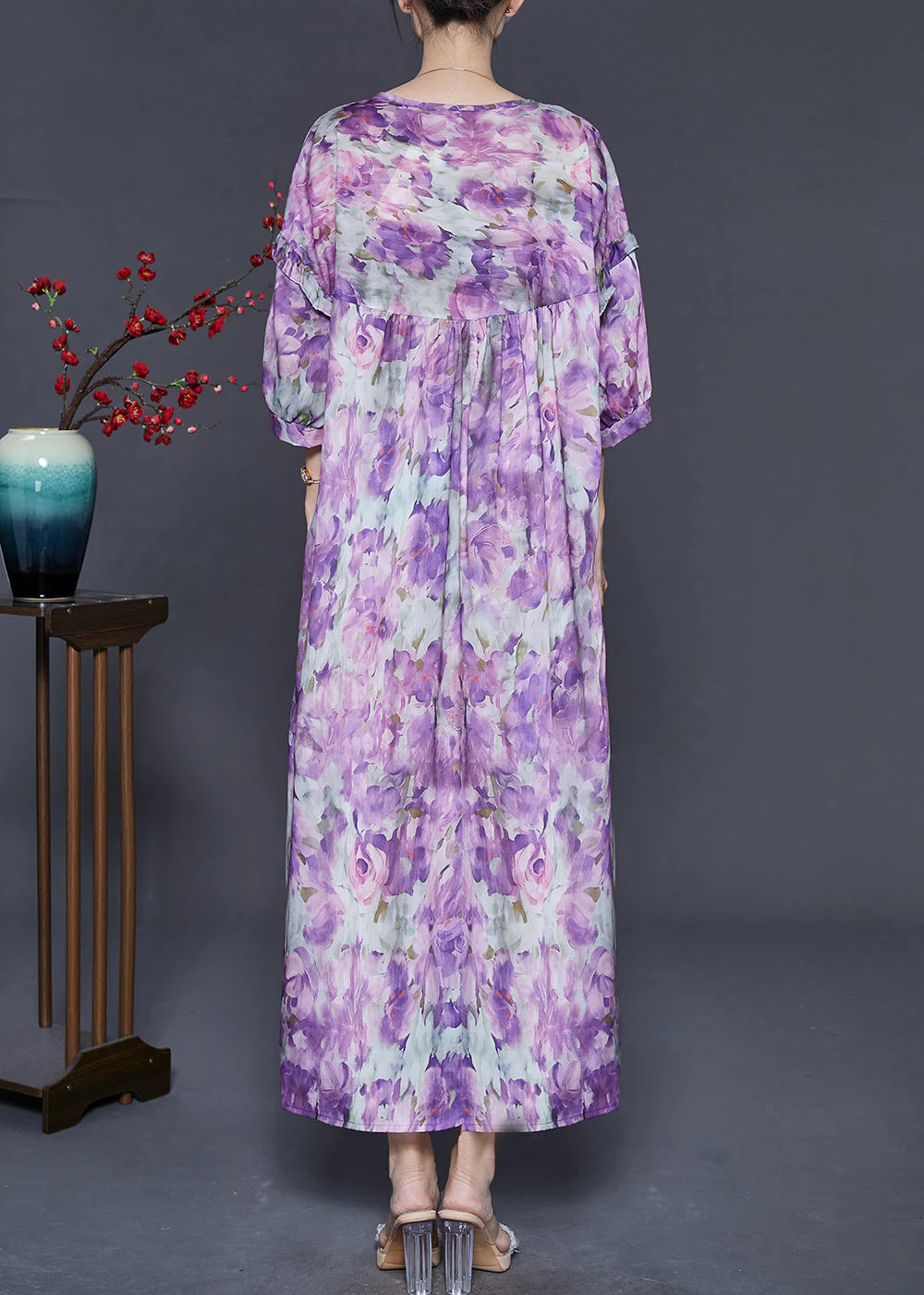 Art Purple Oversized Print Cotton Long Dress Bracelet Sleeve - Image 4