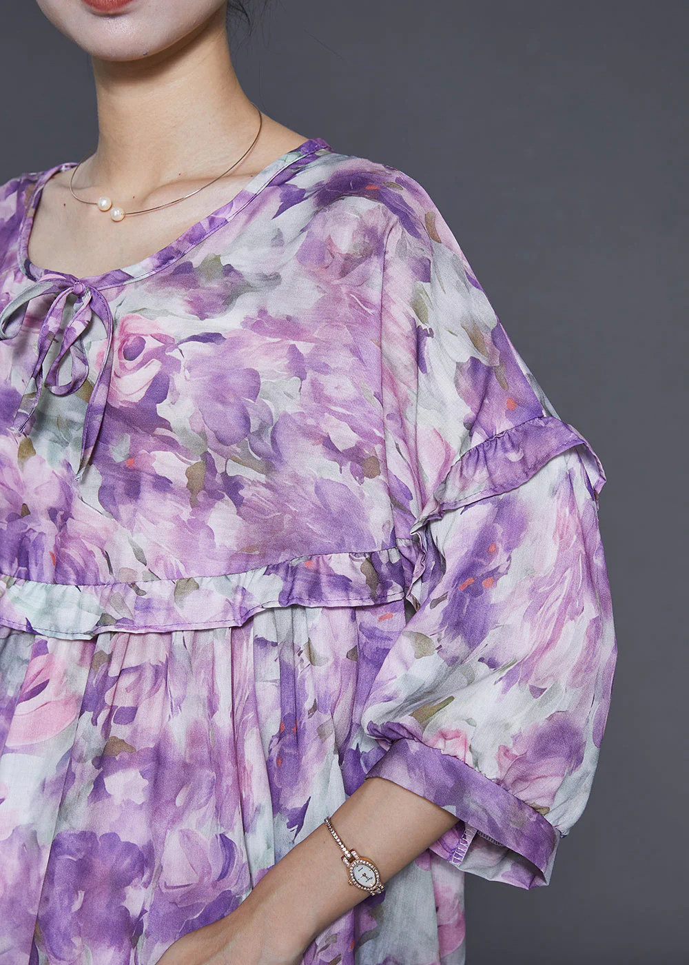 Art Purple Oversized Print Cotton Long Dress Bracelet Sleeve - Image 5