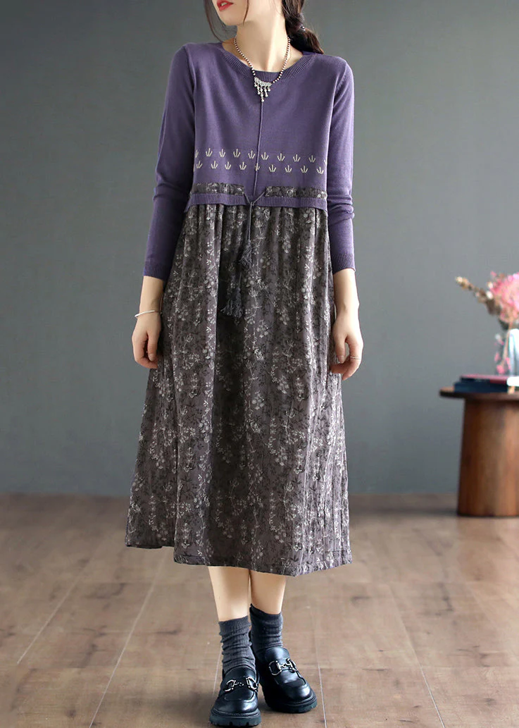 Art Purple Print Lace Up Patchwork Knitting Long Dress Fall - Image 2