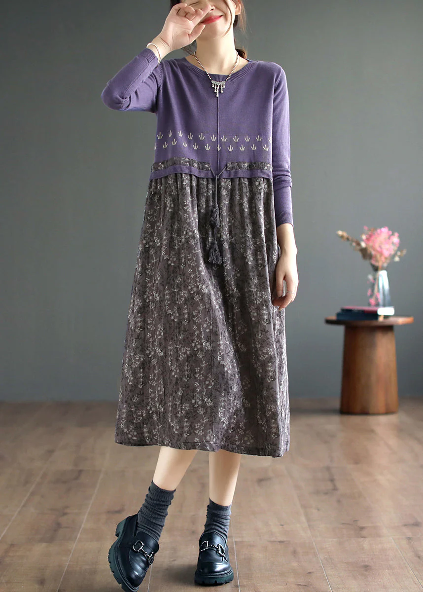 Art Purple Print Lace Up Patchwork Knitting Long Dress Fall - Image 3