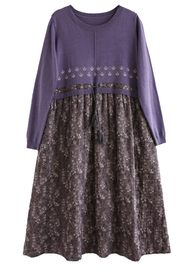 Art Purple Print Lace Up Patchwork Knitting Long Dress Fall - Image 5