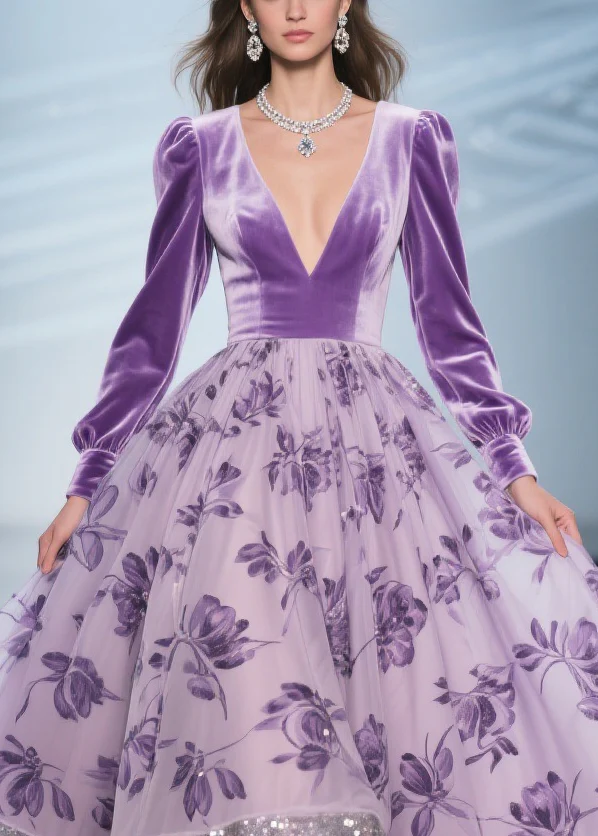 Art Purple Print Tulle Patchwork Silk Velvet Exra Large Hem Dress Spring - Image 2