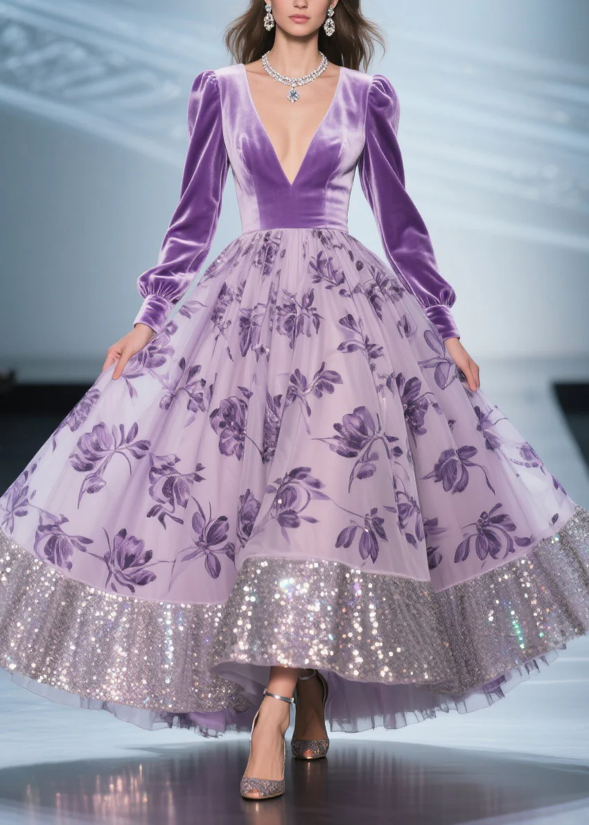 Art Purple Print Tulle Patchwork Silk Velvet Exra Large Hem Dress Spring - Image 3