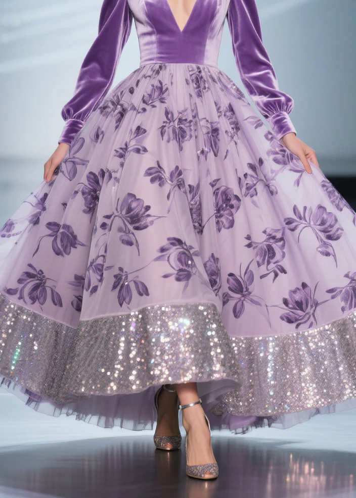 Art Purple Print Tulle Patchwork Silk Velvet Exra Large Hem Dress Spring - Image 4
