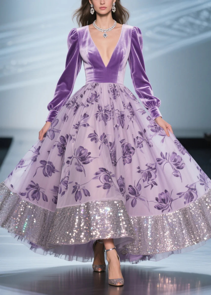 Art Purple Print Tulle Patchwork Silk Velvet Exra Large Hem Dress Spring - Image 5