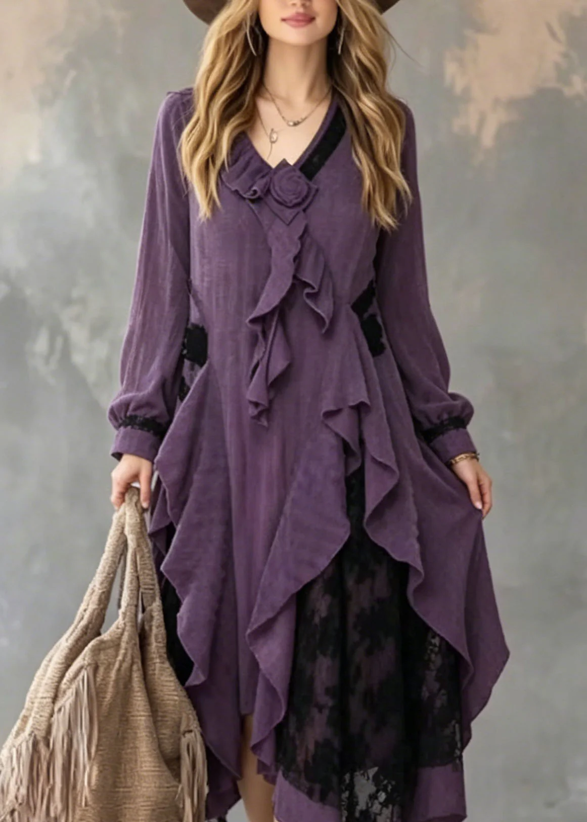 Art Purple Ruffled Asymmetrical Design Cotton Dress Fall - Image 3