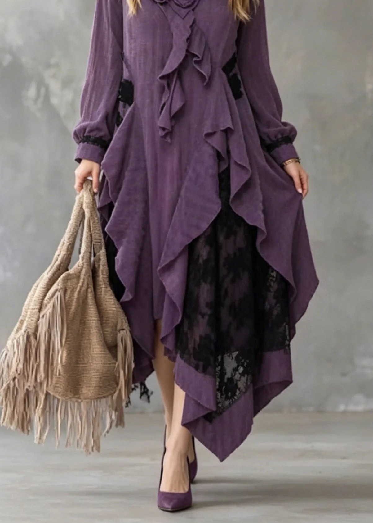 Art Purple Ruffled Asymmetrical Design Cotton Dress Fall - Image 4