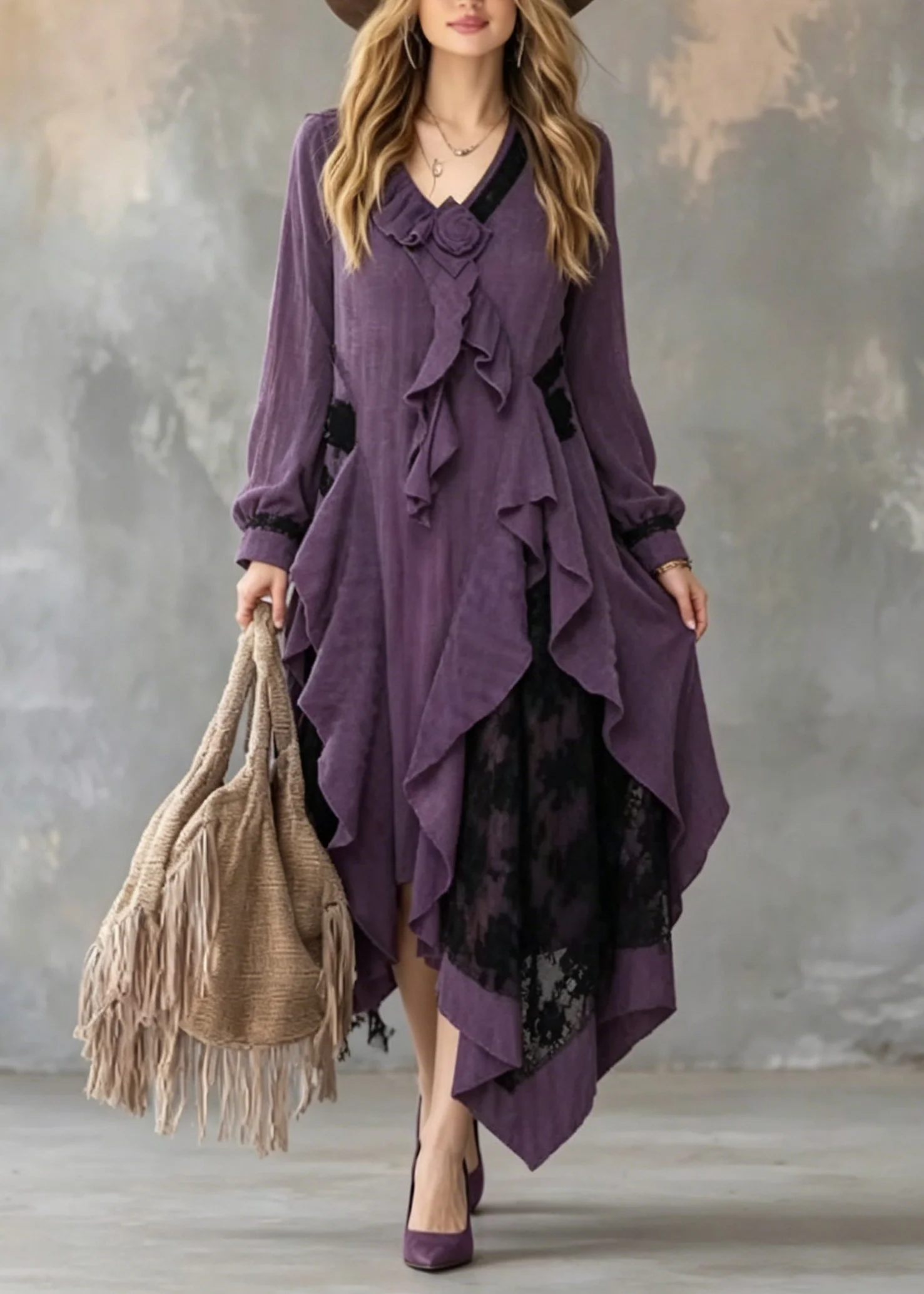Art Purple Ruffled Asymmetrical Design Cotton Dress Fall - Image 5