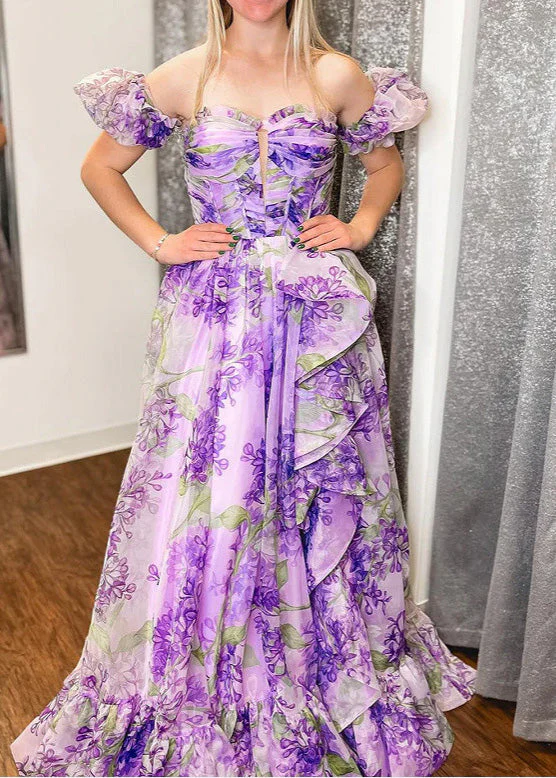 Art Purple Ruffled Asymmetrical Print Chiffon Dress Summer - Image 2