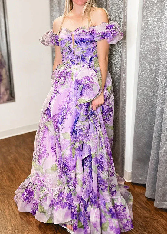 Art Purple Ruffled Asymmetrical Print Chiffon Dress Summer - Image 3