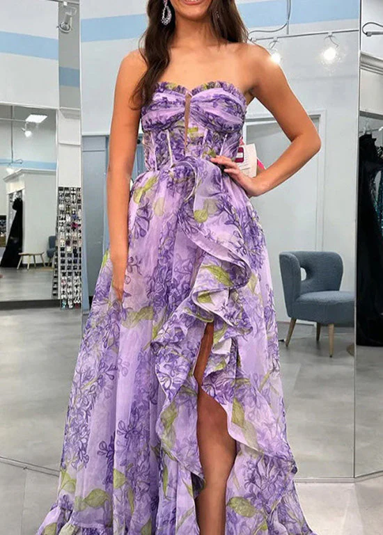 Art Purple Ruffled Asymmetrical Print Chiffon Dress Summer - Image 4