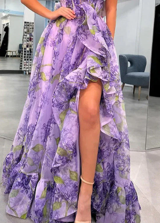 Art Purple Ruffled Asymmetrical Print Chiffon Dress Summer - Image 5