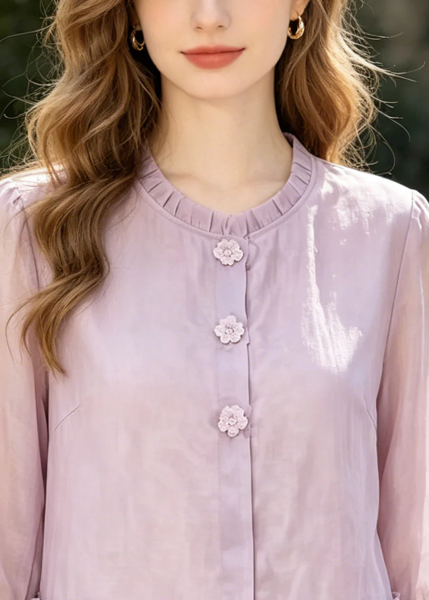 Art Purple Ruffled Floral Cotton Shirt Half Sleeve - Image 2