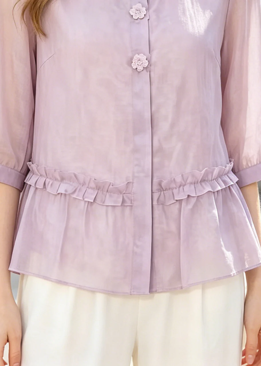 Art Purple Ruffled Floral Cotton Shirt Half Sleeve - Image 4