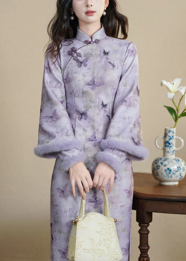 Art Purple Stand Collar Butterfly Side Open Warm Fleece Long Dresses Winter - Image 2