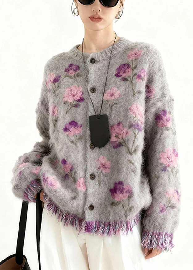Art Purple Tasseled Floral Cozy Knit Coats Spring - Image 2