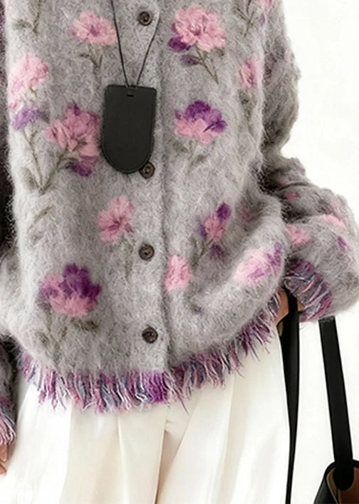 Art Purple Tasseled Floral Cozy Knit Coats Spring - Image 4