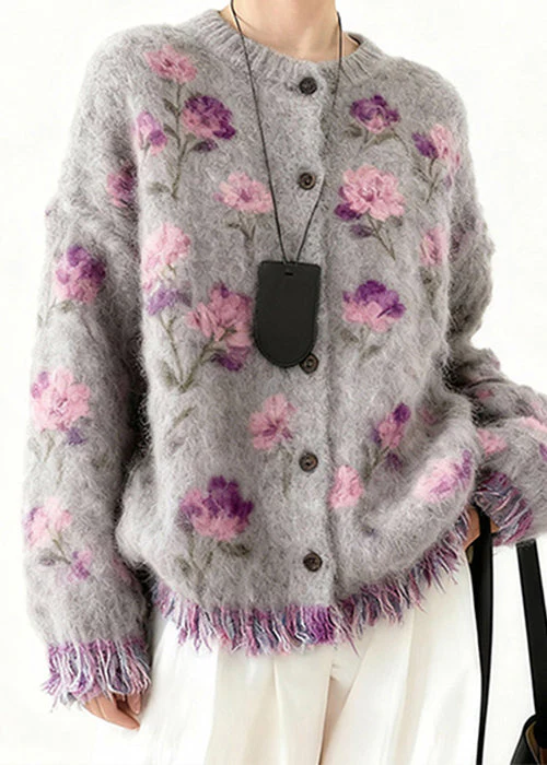 Art Purple Tasseled Floral Cozy Knit Coats Spring - Image 5