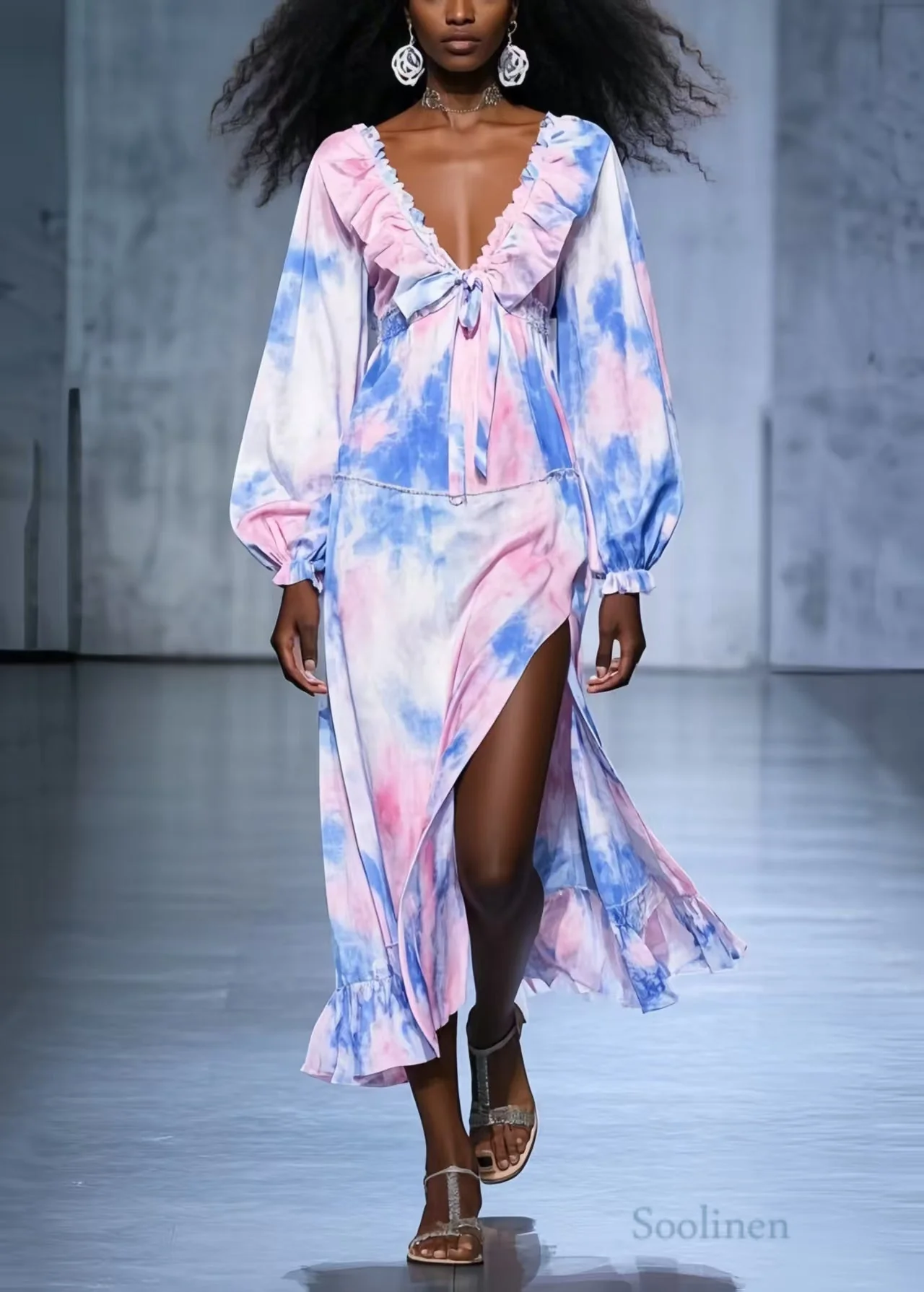 Art Rainbow Ruffled Tie Dye Side Open Chiffon Robe Dresses Spring