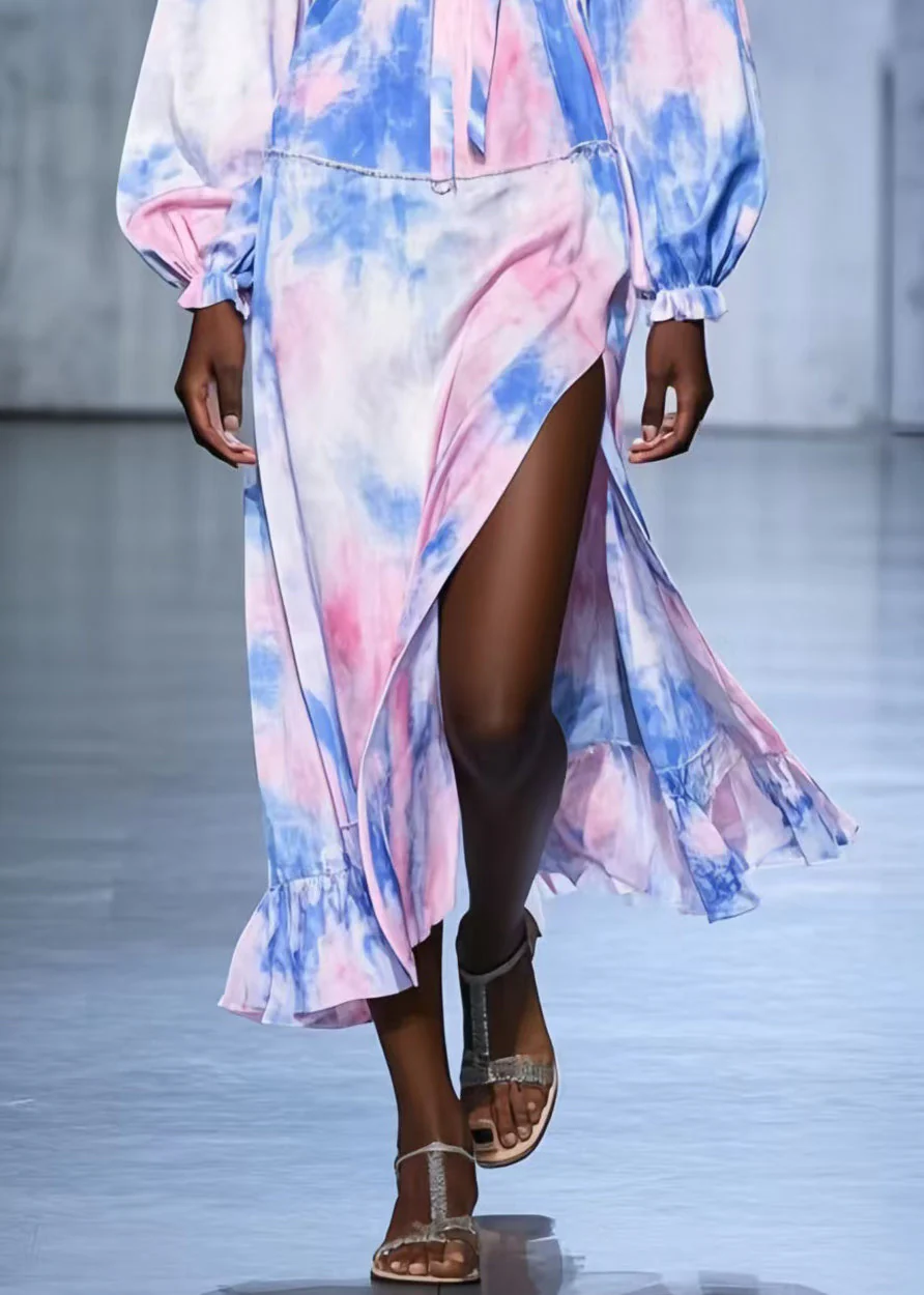 Art Rainbow Ruffled Tie Dye Side Open Chiffon Robe Dresses Spring - Image 4