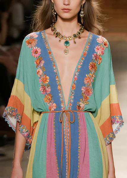 Art Rainbow V Neck Striped Cotton Maxi Dresses Summer - Image 2