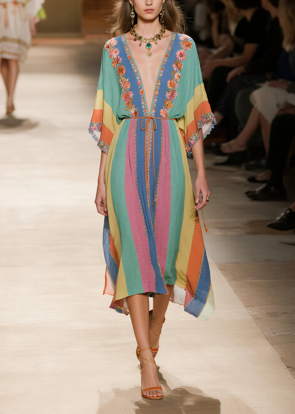 Art Rainbow V Neck Striped Cotton Maxi Dresses Summer - Image 3