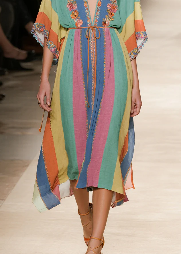 Art Rainbow V Neck Striped Cotton Maxi Dresses Summer - Image 4