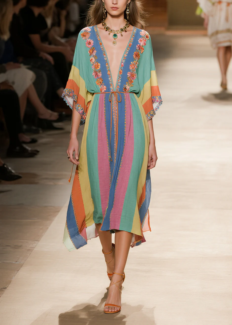 Art Rainbow V Neck Striped Cotton Maxi Dresses Summer - Image 5