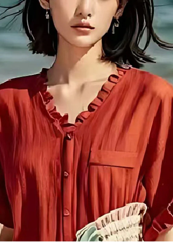 Art Red Asymmetrical Patchwork Wrinkled Cotton Dress Summer - Image 2