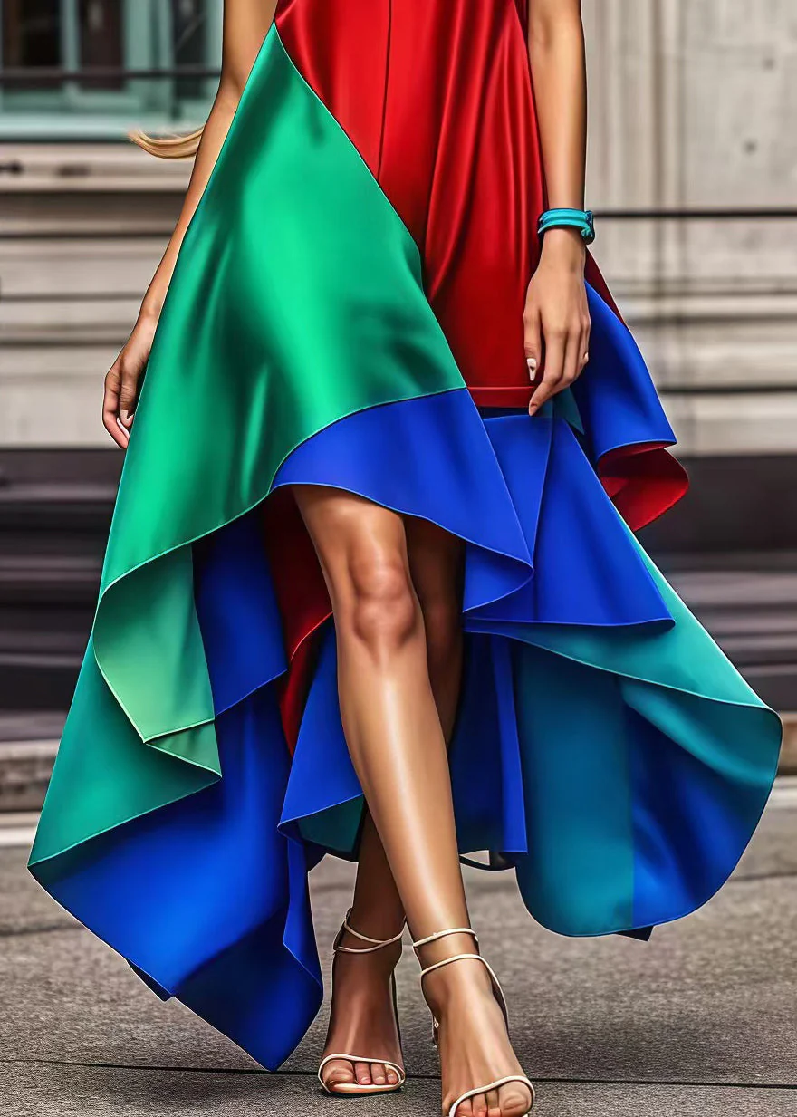 Art Red Cold Shoulder Patchwork Exra Large Hem Silk Full Dresses Summer - Image 4